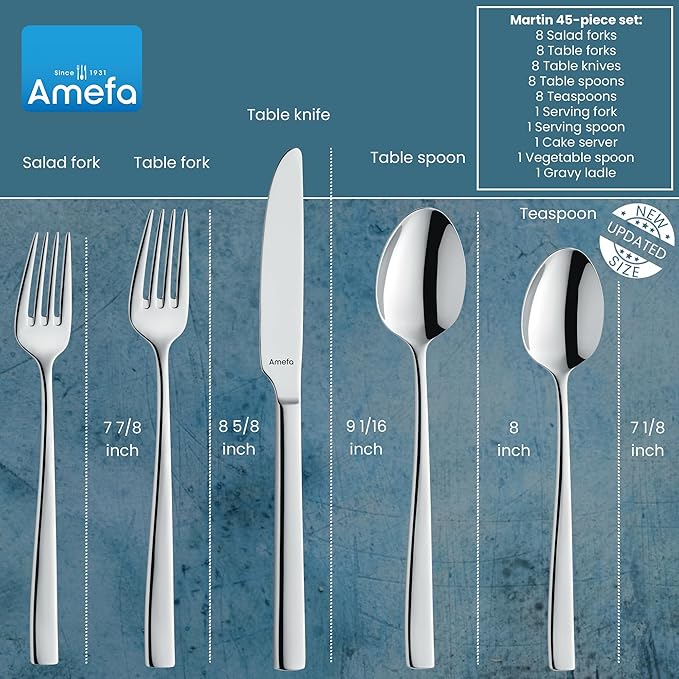 Amefa 45-Piece Flatware Cutlery Set, Service for 8 - Dishwasher Safe 18/10 Stainless Steel, High Gloss Mirror Finish & Ergonomic Design, Complete Silverware Collection - 5-Piece Serving Set (Martin)