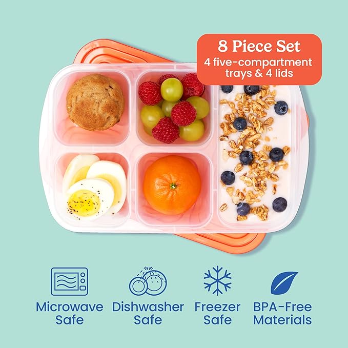Bentgo Easyboxes - Reusable 5-Compartment Food Containers, Stackable 8-Piece Set, 4 Trays & 4 Lids, BPA-Free Food Storage for Meal Prep, School, & Work; Lunch Boxes with Patented Design (Classic)