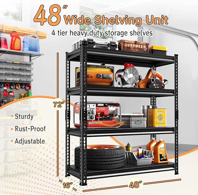 Adjustable Shelving Units and Storage, 48”W Garage Shelving Heavy Duty,2000LBS Loads 4-Tier Garage Storage Shelves, Metal Shelves for Living Room,Pantry,48”W×16”D×72”W,Black