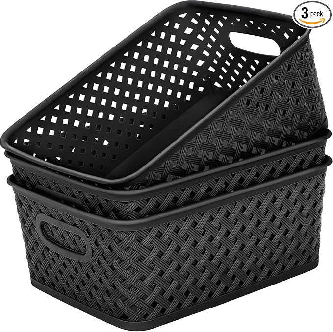 MaxGear Organization and Storage 3 Packs, Plastic Bins Organizer Bins, Woven Baskets for Storage, Plastic Baskets with Handles, Black Basket for Organizing, Basket Organizer for Home and Office, Large