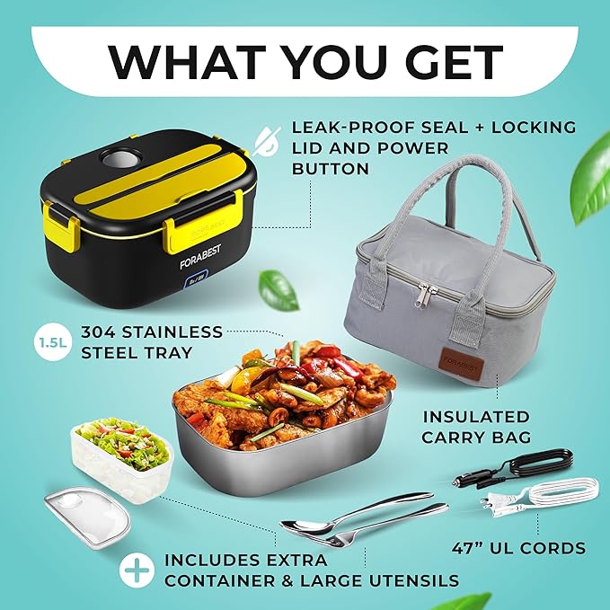 FORABEST Heated Lunch Box, 80W Electric Lunch Box for Adults, Portable Food Warmer with 1.5L Stainless Steel Container, Utensils & Carry Bag, On/Off Switch, 12V/24V Car/Truck & 110/120V Home/Office