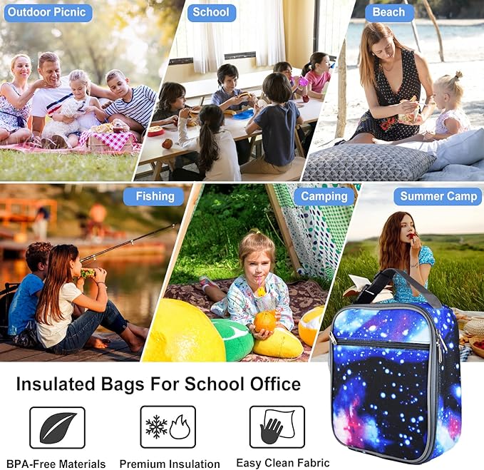 Insulated Lunch Bag, Leakproof Portable Lunch Box for Women Men Boys Girls, Large Capacity Cooler Bag with Handle and Bottle Pocket for Office School Camping Hiking Outdoor Beach Picnic (Stars)