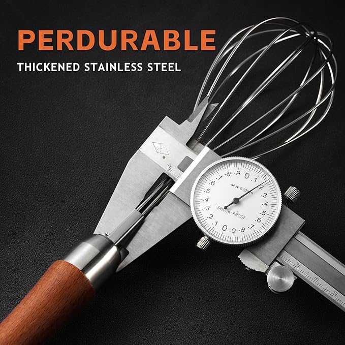 Stainless Steel Wire Whisk - Wooden Handle Kitchen Whisk - Balloon Whisk Egg Beater for Stirring Whisking Blending Mixing Egg Gravy Cake Batter Flour or Sauces.