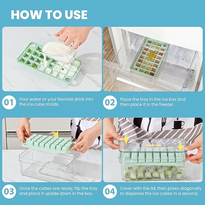 Yoove Ice Cube Tray with Lid and Bin | Press and Easy to Release Ice Cube Trays for Freezer | 2 Ice Tray, 60 refreshing Ice Cubes | Ice Molds for Fruits, Soda, Cocktails, Whiskey, Iced Coffee and Wine