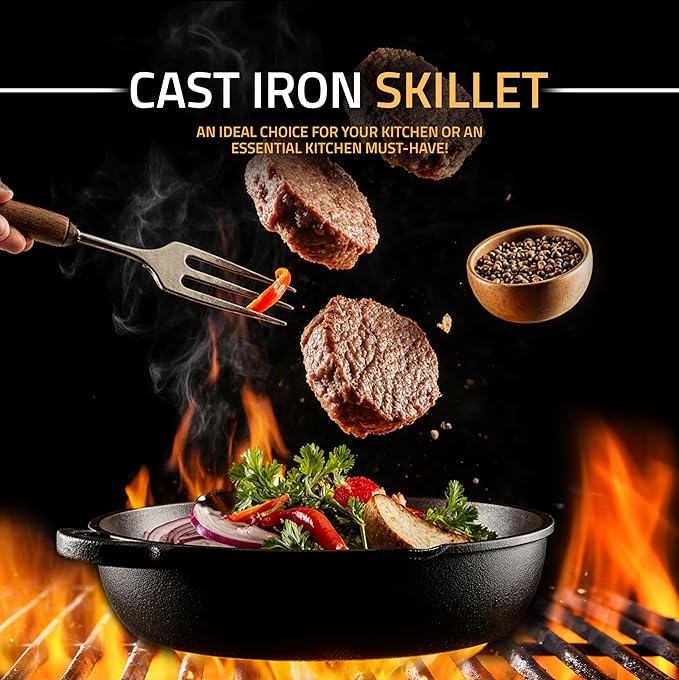 Utopia Kitchen Cast Iron Skillets 12 Inch, Chef's Pan, Pre-Seasoned Frying Pan, Stovetop, Oven, Campfire and Grill Large Skillet, Even Heat Distribution Multipurpose Cast Iron Pan - Black