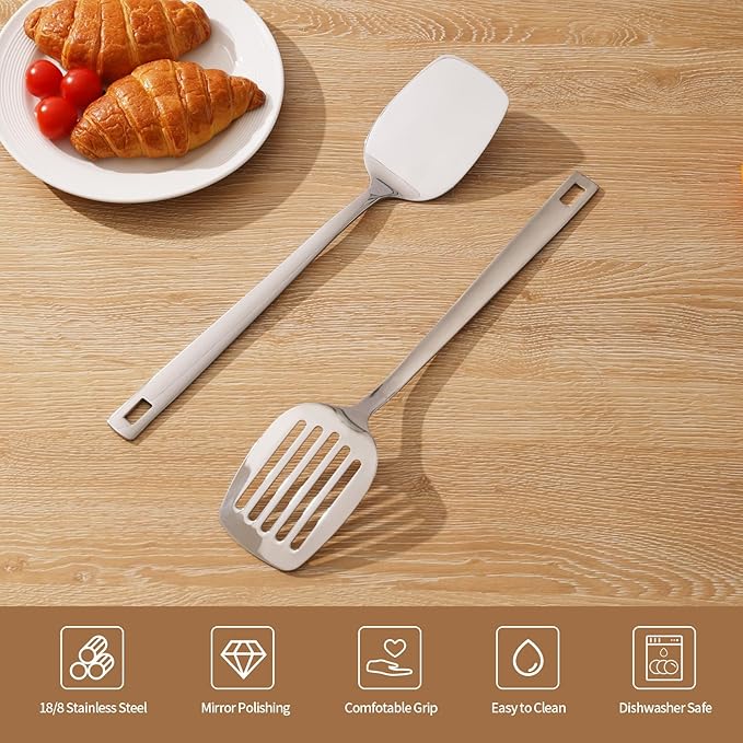 Professional Stainless Steel Cooking Utensils Set, 2 Pcs Metal Spatula Wok Turner, Wok Spatula Kitchen Cooking Tools for Sauteing, Flipping, Grilling (Dishwasher Safe)