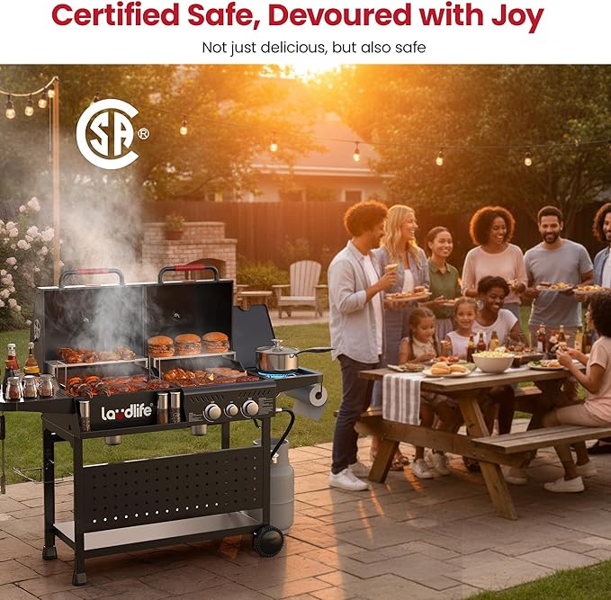 Charcoal Gas Grill Combo with Side Burner, 30,000 BTU Propane BBQ Grill, 748 SQ.IN Cooking Space, Non-Stick Porcelain Enamel Grates, Heavy-Duty Stand for Backyard Outdoor Barbecue