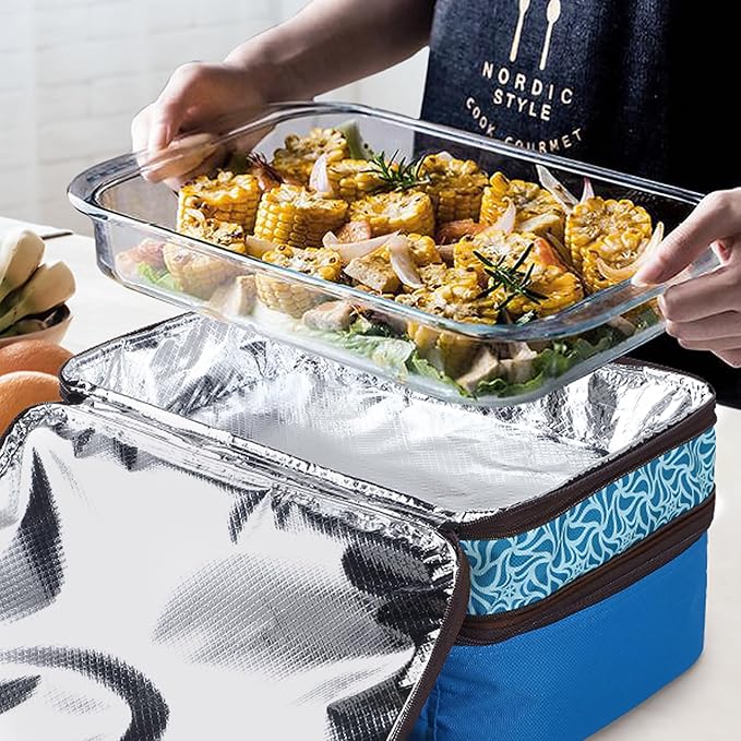 MIER Insulated Double Casserole Carrier Bag Thermal Lunch Tote for Lasagna Lugger, Potluck Parties, Picnic, Beach, Fits 9 x 13 Inches Baking Dish, Casserole Dish, Expandable by Mid Zipper, Blue