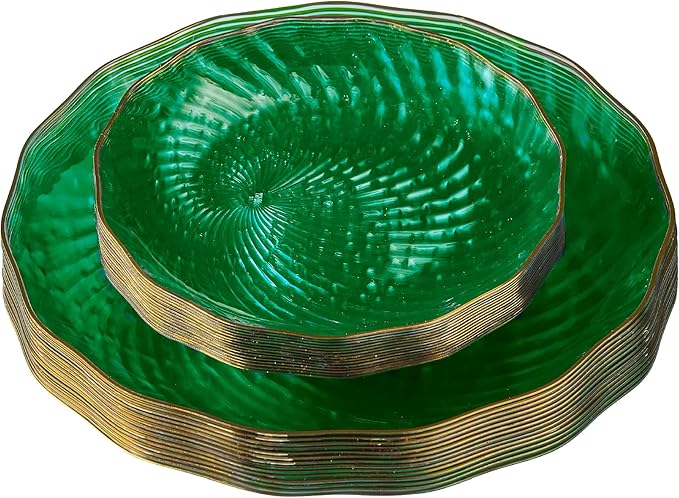 PLASTICPRO 60 Pack Plastic Plates Set of 30-10 inch Plates and 30-7 inch Plate, Elegant Clear Green Spiral and Gold Rim Disposable Fancy Plate Premium Heavyweight