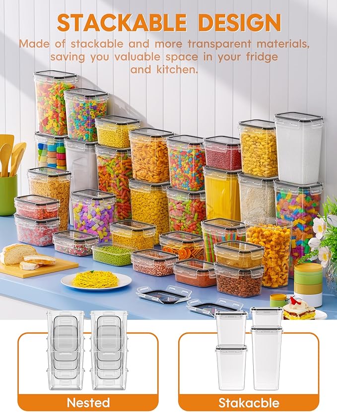 30 PCS Airtight Food Storage Containers with Lids, Kitchen Pantry Organization and Storage, BPA-Free Plastic Scale Food Canisters for Cereal, Flour, Sugar, Dry Food, Include Labels & Marker