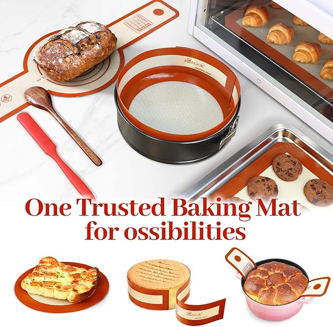 Silicone Baking Mats Set of 6, Silicone Bread Sling for Dutch Oven, Non-Stick Reusable Baking Mat, Slip Oven Liner Sheet, Round & Rectangle Baking Mat for Macaron, Pastry, Cookie, Sourdough Bread