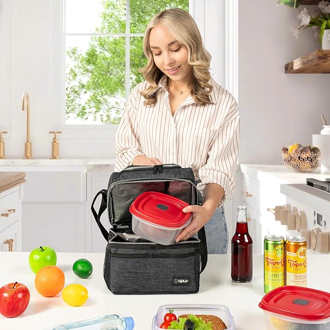 OPUX Lunch Box For Men Women, Insulated Large Lunch Bag Adult Work, Double Decker Lunchbox Meal Prep Dual Compartment Leakproof Lunch Cooler, Soft Lunch Pail Tote Boys Girls Kids School, Heather Gray