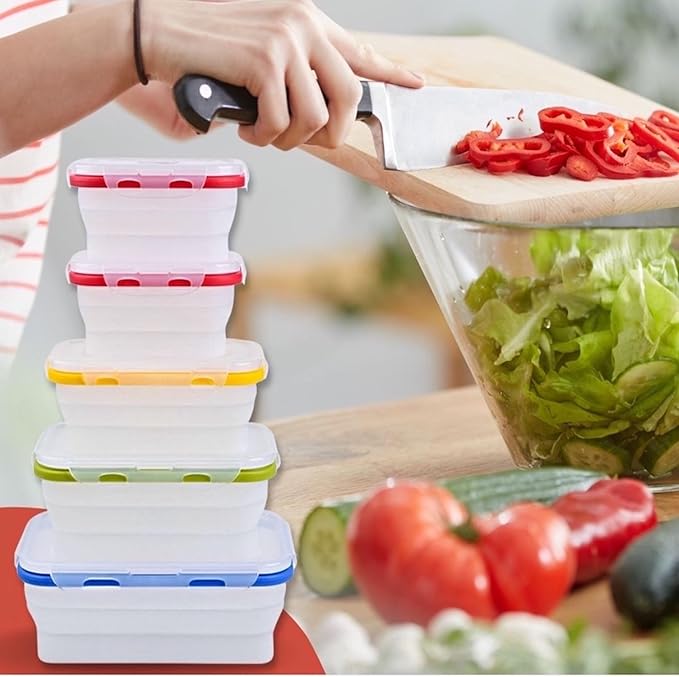 ECOBERI Collapsible Silicone Food Storage Containers, BPA Free, Microwave, Freezer and Dishwasher Safe, Lunch, Meal Prep, Travel, Space-Saving, Set of 5