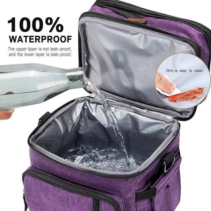 Men's and Women Double Compartment Lunch Bag, Insulated Lunch Cooler Tote 2 Roomy Large Reusable Water-resistant Lunch Box (Purple, 15L)''
