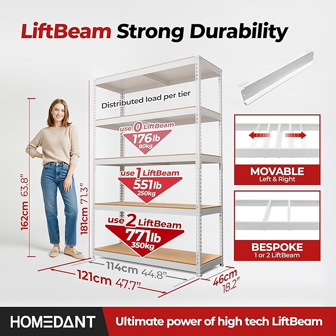 HOMEDANT White 5 Tier Laminated Boltless Heavy Duty Garage Storage Adjustable Wide Size Metal Shelving Unit Utility Rack Shelves Organization Shelf Shed Warehouse 47.7" W x 18.2" D x 71.3" H 2Pack