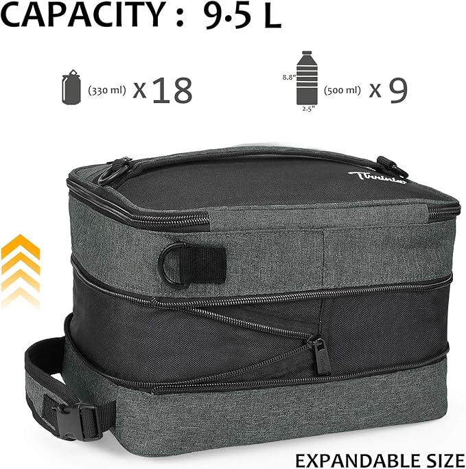 Tirrinia Expandable Insulated Lunch Bag for Men Women – Leakproof Reusable Cooler LunchBox for Kids & Adults with Shoulder Strap, Perfect for Work, School, Office, Travel,Charcoal