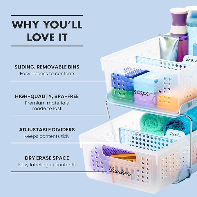 madesmart 2-Tier Organizer, Multi-Purpose Slide-Out Storage with Handles and Dividers for Home and Bath, Easy Assembly, BPA Free, Blue