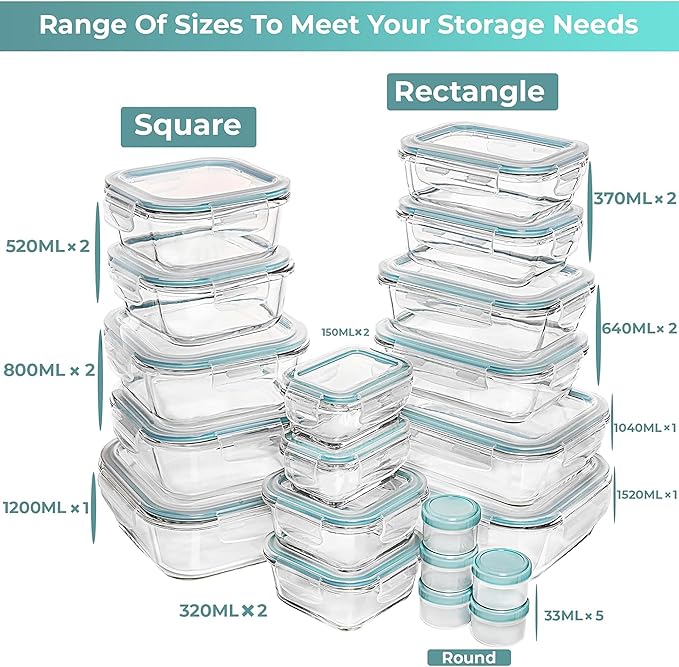 Razab 35 Pc Set Glass Food Storage Containers with Lids - Meal Prep Airtight Bento Boxes BPA-Free 100% Leak Proof (15 lids,15 glass & 5 Plastic Sauce/Dip Containers)