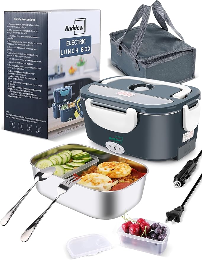 Buddew Electric Heated Lunch Box for Adults - 80W Fast Heating, 1.5L Food-Grade Stainless Steel, 12V/24V/110V Portable Food Warmer for Work Travel Car, Lonchera Electrica Portatil