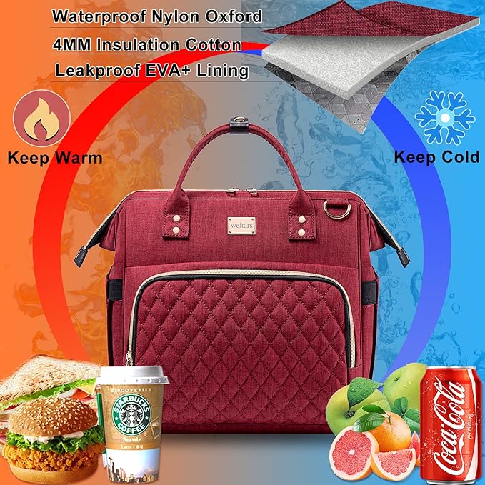 Weitars Women's Lunch Bag & Cooler Purse with Adjustable Strap & Pockets, Leakproof Lunch Box for Work, Picnic, Hiking, Beach