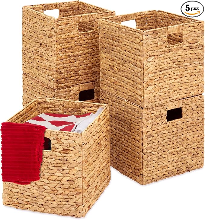 Best Choice Products 10.5x10.5in Pack of 5 Cube Storage Baskets, Water Hyacinth Multipurpose Collapsible Organizers, Handwoven Laundry Totes for Laundry, Living Room, Kids Room & Nursery - Natural