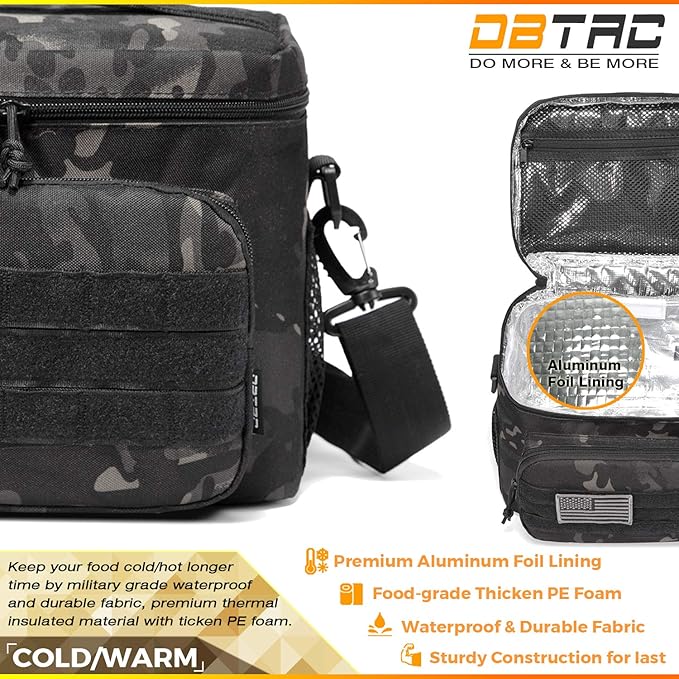 DBTAC Tactical Lunch Bag for Men Women, 12 Cans Insulated Lunch Box for Adult | 9L Leakproof Lunch Cooler Tote for Work Office Outdoor Travel | Soft Easy To Clean Liner x2, Black Camo