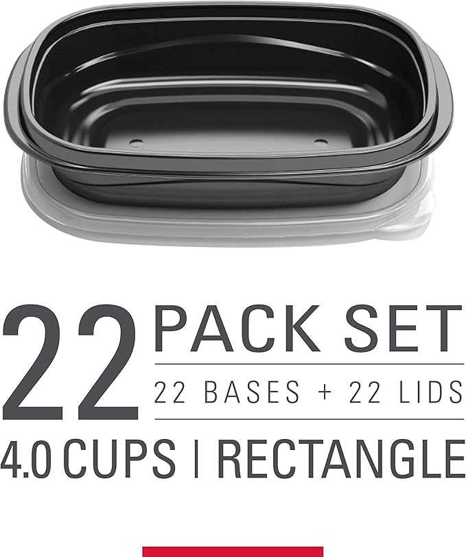 Rubbermaid TakeAlongs Food Storage Containers, Set of 22 (44 Pieces Total) | for Meal Prep, Lunch for Adults & Kids | Reusable & Stackable, 4-Cup, 22-Pack, Black