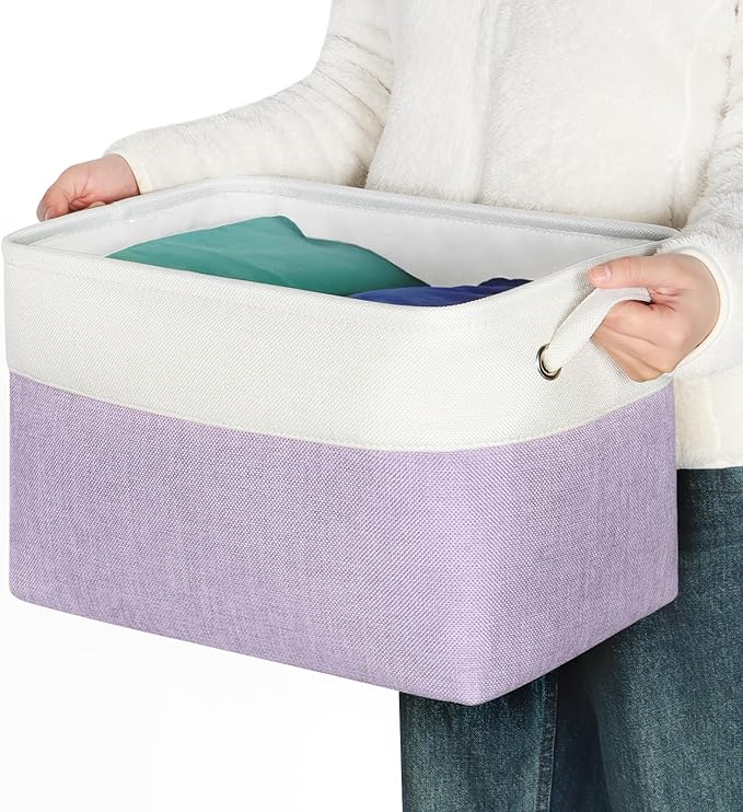 Kntiwiwo Foldable Storage Bin Collapsible Fabric Storage Basket Cube with Durable Handles Closet Organizer Bins for Organizing Shelves Drawers, Set of 3, 15" x 10" x 9.5", Purple