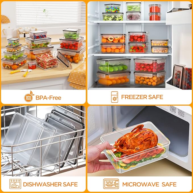 52 Piece Airtight Food Storage Containers Set with Lids (26 Containers & 26 Lids),100% Leakproof Plastic Meal Prep Container Reusable, BPA Free Kitchen and Pantry Organization - Labels & Pen