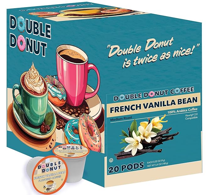 Double Donut Coffee French Vanilla Flavored Coffee Pods, Medium Roast Coffee, Compatible with Keurig K Cups Brewers, 20 Count