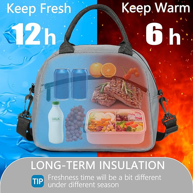 Lunch Bag Women Insulated Lunch Bag For Men Waterproof Lunch Cooler Bag Insulated Lunch Box For Women Portable Reusable Lunch Bag Two-Tone,With Adjustable Shoulder Strap For Many Occasions,Gray-black