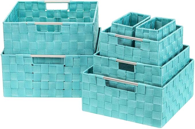 Sorbus Storage Baskets for Organizing (Set of 7), Mesh Hand-Woven Design, Linen Closet Organizers and Storage, Organizer Storage Baskets for Shelves, Variety Pack Organizers and Storage (Aqua)