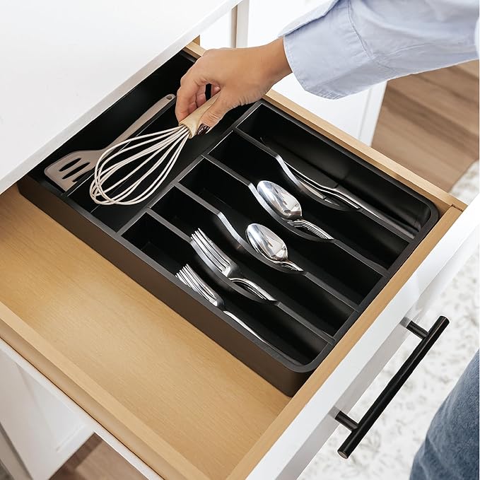 KitchenEdge Silverware Organizer - Cutlery, Flatware, and Utensil Holder for Kitchen Drawers, Fixed 10.5” Width, 7 Storage Compartments, Non-Slip Feet, Rounded Corners, 100% Bamboo, Black Finish