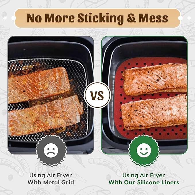 Reusable Square Silicone Air Fryer Liners (7.5 Inch, 3 Pack) by Linda’s Essentials - Non-Stick, Easy-Clean Accessories with Cheat Sheet & Recipe Book, Perfect for Quick Meals