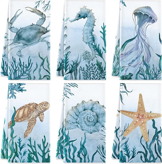 Boyiee Set of 6 Beach Kitchen Towels Sea Ocean Animal Nautical Tea Towels 24 x 16 Inches Kitchen Gifts Turtle Jellyfish Seahorse Hand Dishcloth for Farmhouse Bathroom Decorations