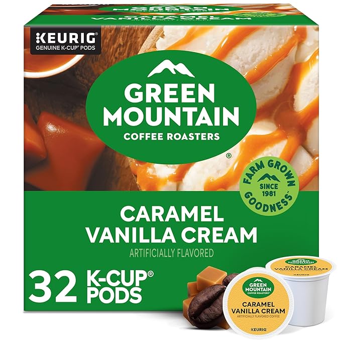 Green Mountain Coffee Roasters Caramel Vanilla Cream, Single-Serve Keurig K-Cup Pods, Flavored Light Roast Coffee Pods, 32 Count