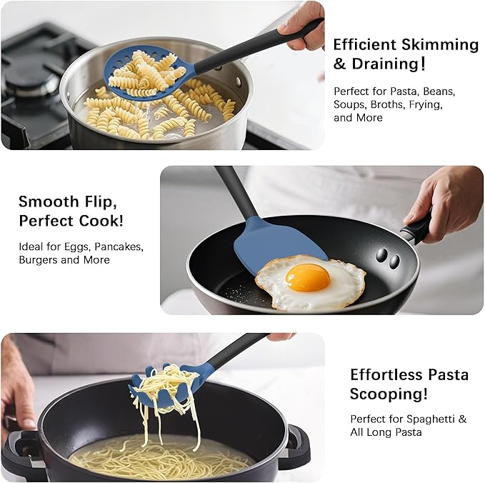 Coukre Silicone Kitchen Cooking Utensils Set with Holder – Heat-Resistant, Food-Grade Kitchen Tools, Spatula, Spoon & Gadgets for Non-Stick Pans, Dishwasher Safe (14, DarkBlue)