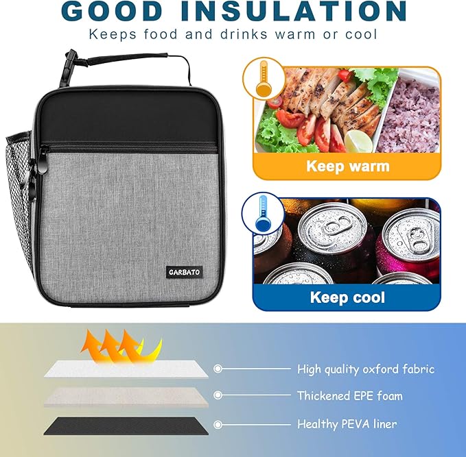 Lunch Bag, Durable Insulated Lunch Box Reusable Adults Tote Bag Lunch Bag for Men, Women, Adults (Black Gray)