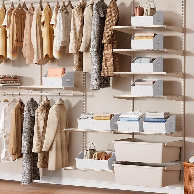 Storage Bins for Shelves - Large Trapezoid Closet Shelf Organizer, Fabric Organization Bins with Handles, Storage Baskets for Clothes, Towel, Purse, 4 Pack, White