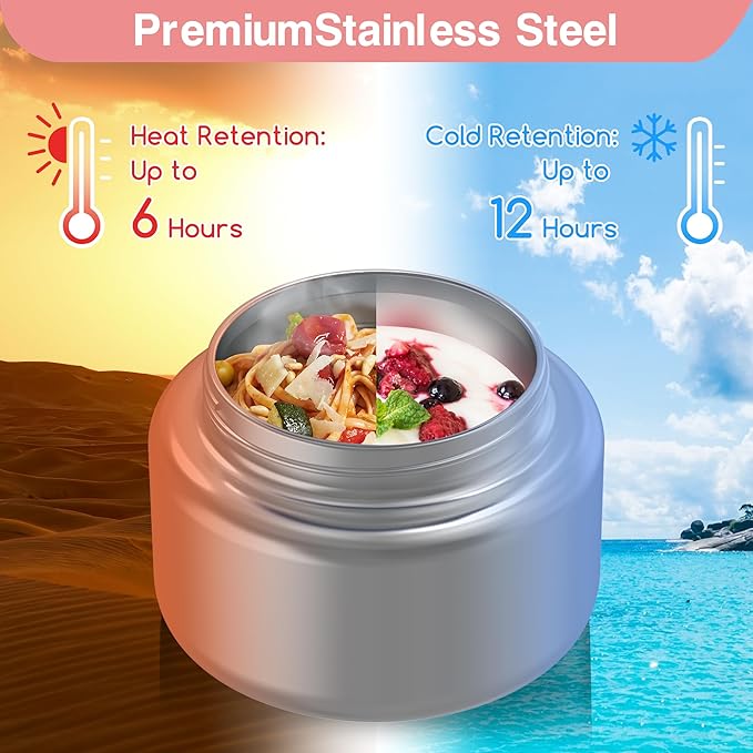 Bento Box for Kids - Leak-Proof Bento Lunch Box with Insulated Thermos Food Jar - 4 Compartments, 1 Removable Divider, 1Spoon, 1 Fork - Dishwasher Safe, BPA-Free (Light pink)