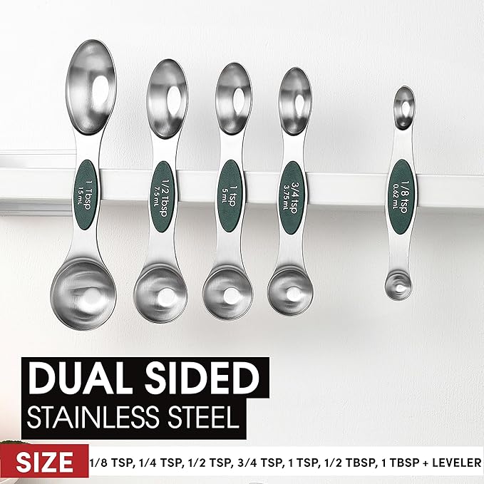 Spring Chef Stainless Steel Magnetic Measuring Spoons Set of 8 with Leveler, Stackable Magnetic Teaspoon & Tablespoon Set, Metal Kitchen Gadgets for Baking & Cooking, Fits in Spice Jars - Pine Green