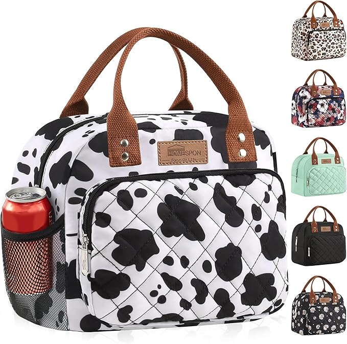 HOMESPON Buringer Lunch Bag for Woman Man Adults with Front Pocket Insulated Lunch Tote Lunch Box Container for Work Picnic or Travel (Cow Side Pockets)