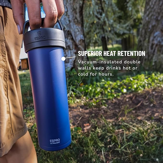 ESPRO P0 Ultralight French Press Coffee Maker for Travel, Vacuum Insulated Stainless Steel, 16 Ounces, Blue