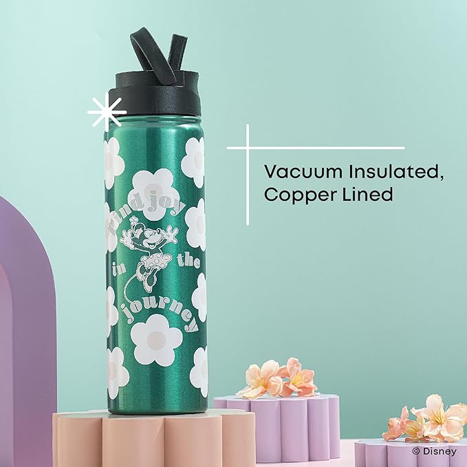 JoyJolt Disney Retro Vintage Stainless Steel Water Bottle ft Minnie Mouse, Reusable 22oz Vacuum Insulated Water Bottle Tumbler with Leak Proof Flip Straw Lid and Handle, Lead & BPA Free