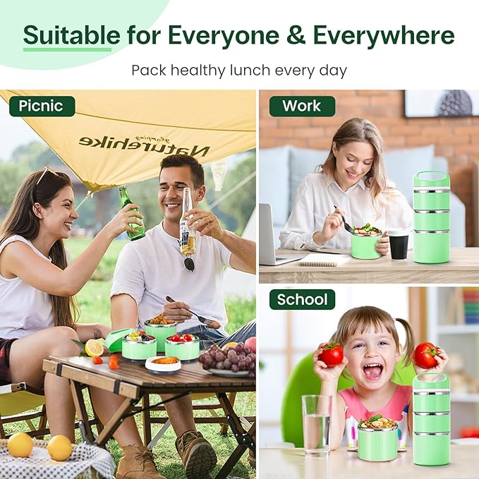 Lille Home Stackable Stainless Steel Lunch Containers, 43OZ Capacity 3 Layers Leakproof Bento Box for Adult, Portable Lunch Box for Women, Man, Travel, Office with Lunch Bag (Green.Pro)