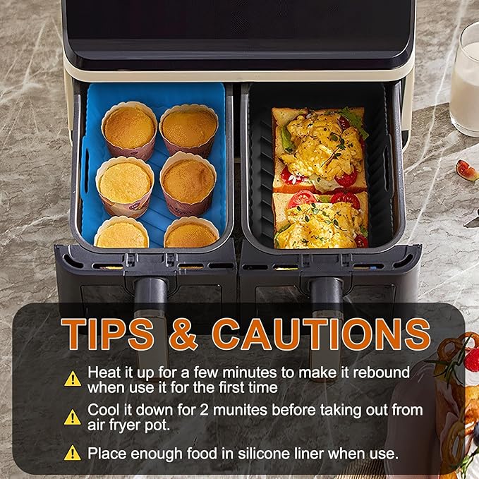 Silicone Air Fryer Liners Rectangle 2 Pack 8.0 Inch Airfryer Liners 8-10 QT Dual Air Fryer Liners Reusable Pot Oven Liner Baking Tray, Air Fryer Basket Silicone Mat Bowl Air Fryer Accessories Kitchen