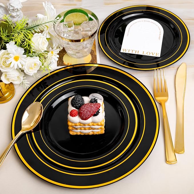 bUCLA 600PCS Black and Gold Disposable Dinnerware Set - Black Plastic Plates Disposable for Party Include 100 Dinner&100 Dessert Plates,100 Knives,100 Forks,100 Spoons,100 Cups for Party & New Year