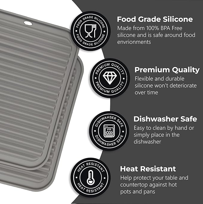 Silicone Trivets for Hot Dishes, Pots, Pans (4 Pack) - Heat-Resistant Pot Holders for Kitchen Countertop Mats - Silicone Trivet Mat (9 x 12 Inch) - Multipurpose Counter Pads (Grey)