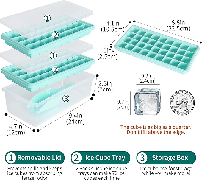 Food-grade Silicone Ice Cube Tray with Lid and Storage Bin for Freezer, Easy-Release 2 * 36 Small Nugget Ice Trays 1 ice Bucket & Scoop, Flexible Ice Cube Molds with Ice Container