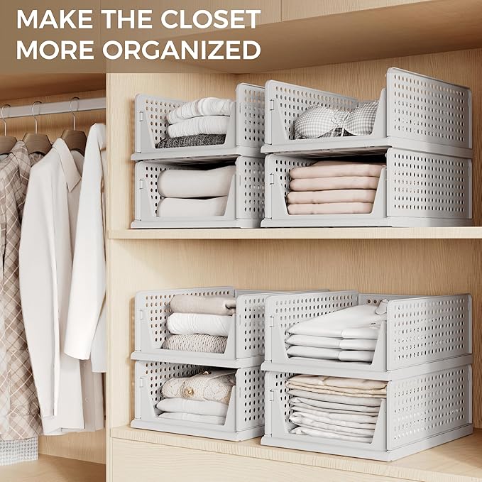 Pinkpum 6 Pack Closet Organizers Storage Box, Stackable Plastic Drawer Basket for Clothing, Stackable Storage Bins Shelf Storage Container for Closet Wardrobe Bedroom Bathroom Office Grey